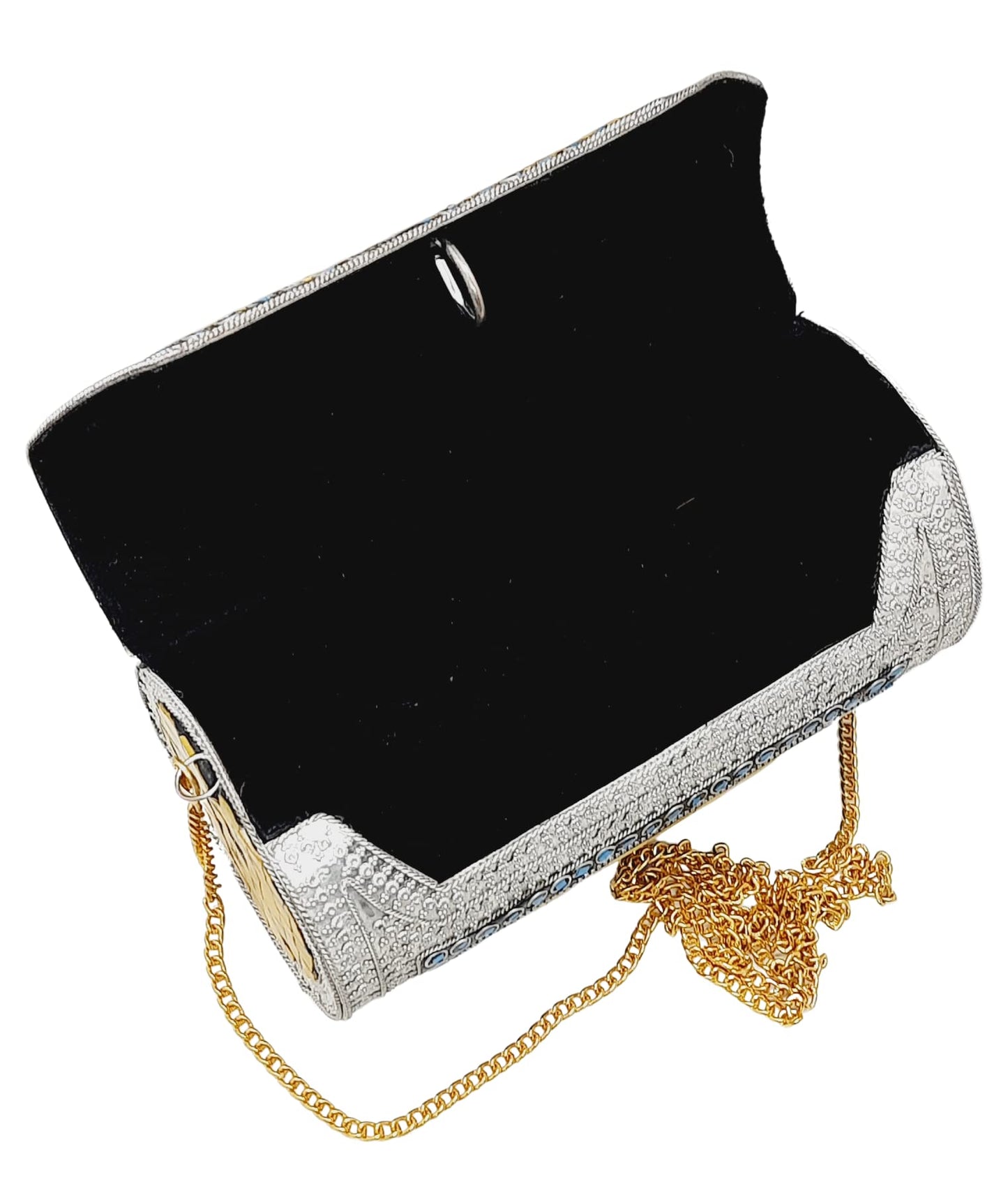 Trend Overseas Eye Catching Handmade Cylinder Round Ethnic Stone Metal bag Antique Bridal clutch