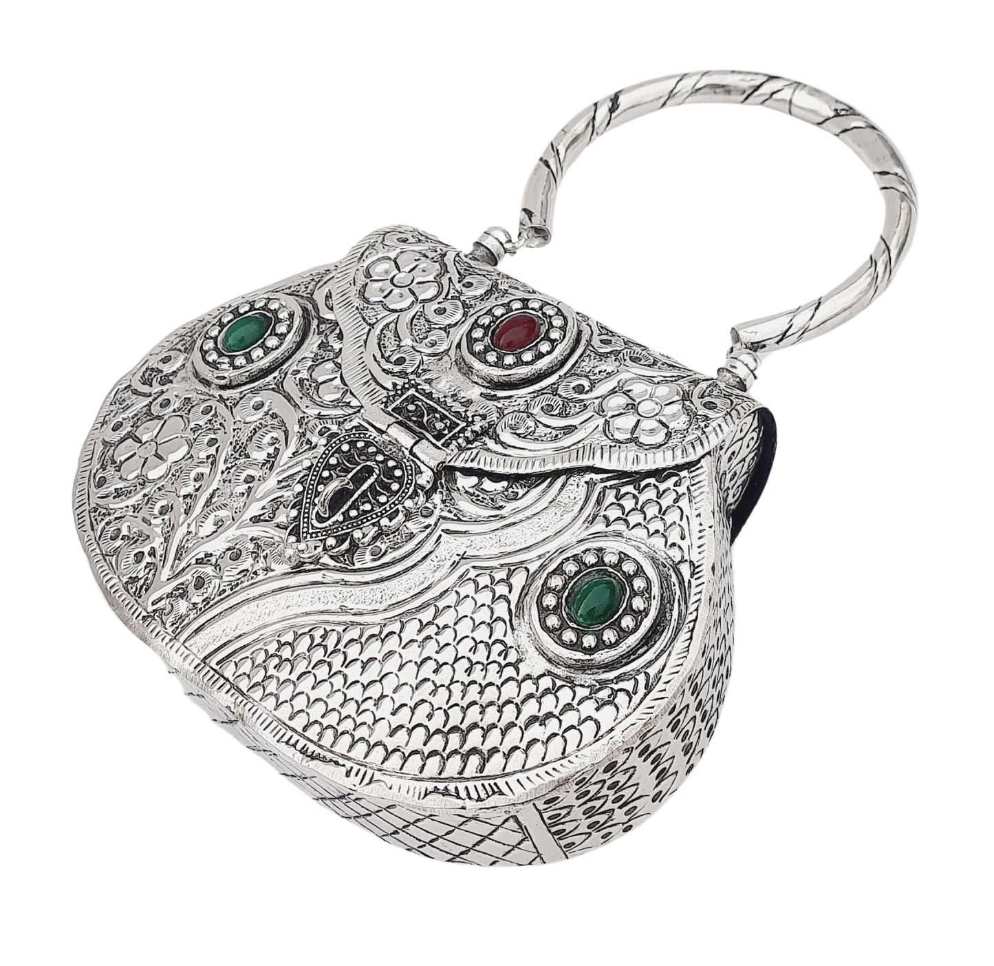 Trend Overseas Ethnic Women Silver Brass Metal Bridal bag Handle Clutch Sling Bag