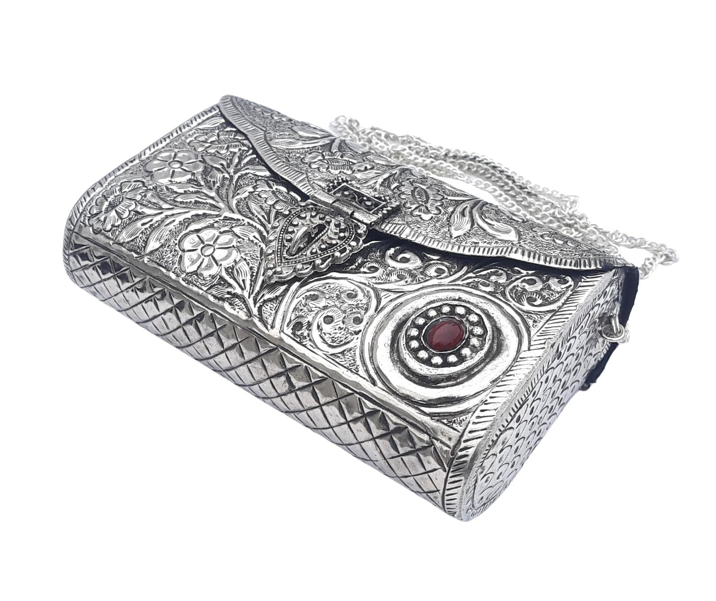 Trend Overseas Ethnic Women Silver Brass Metal Bridal bag Handle Clutch Sling Bag