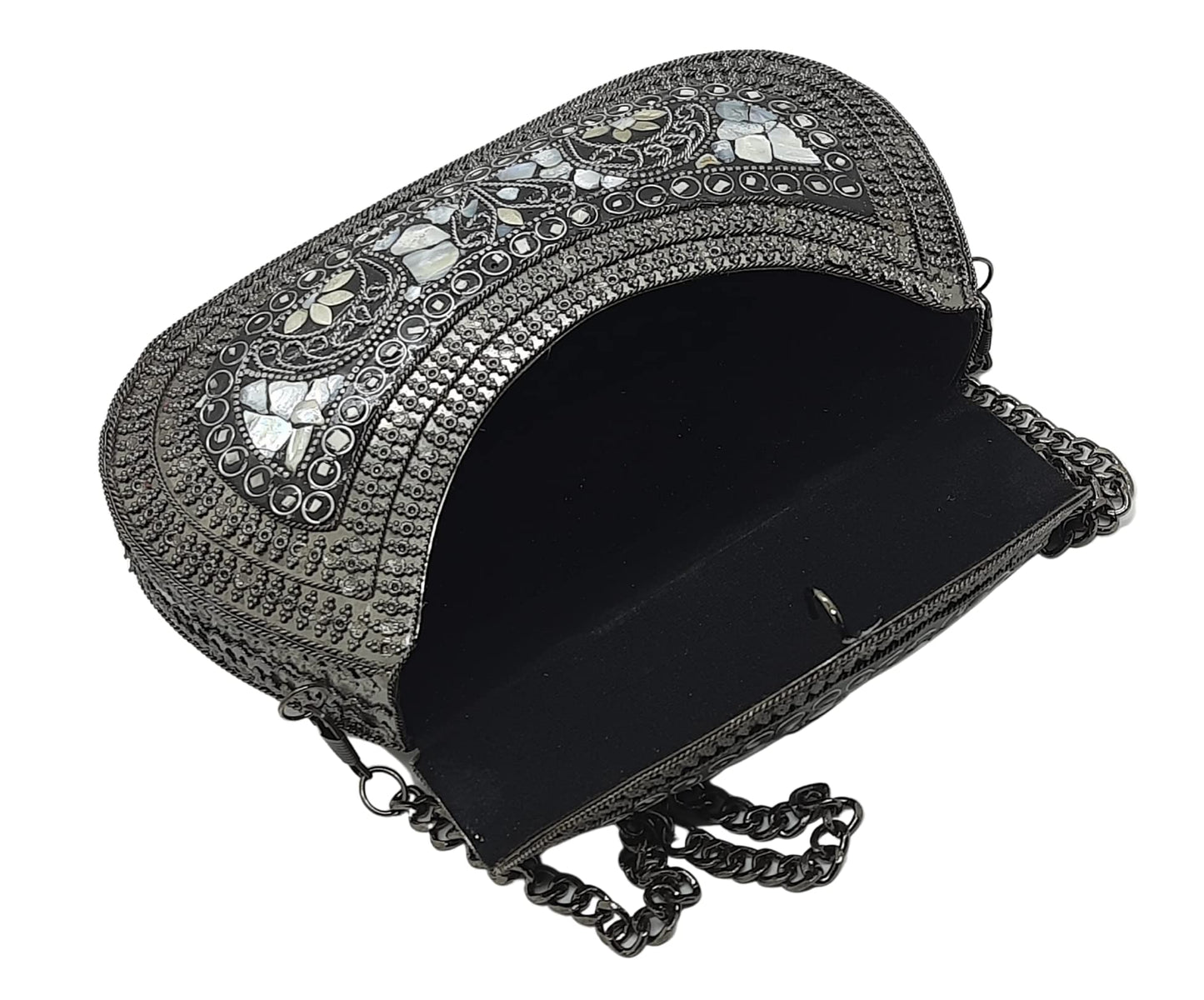 Trend Overseas Handmade Antique Stone Bag Ethnic Clutch - Metal Bag Perfect for Parties, Fits All Cellphone Models