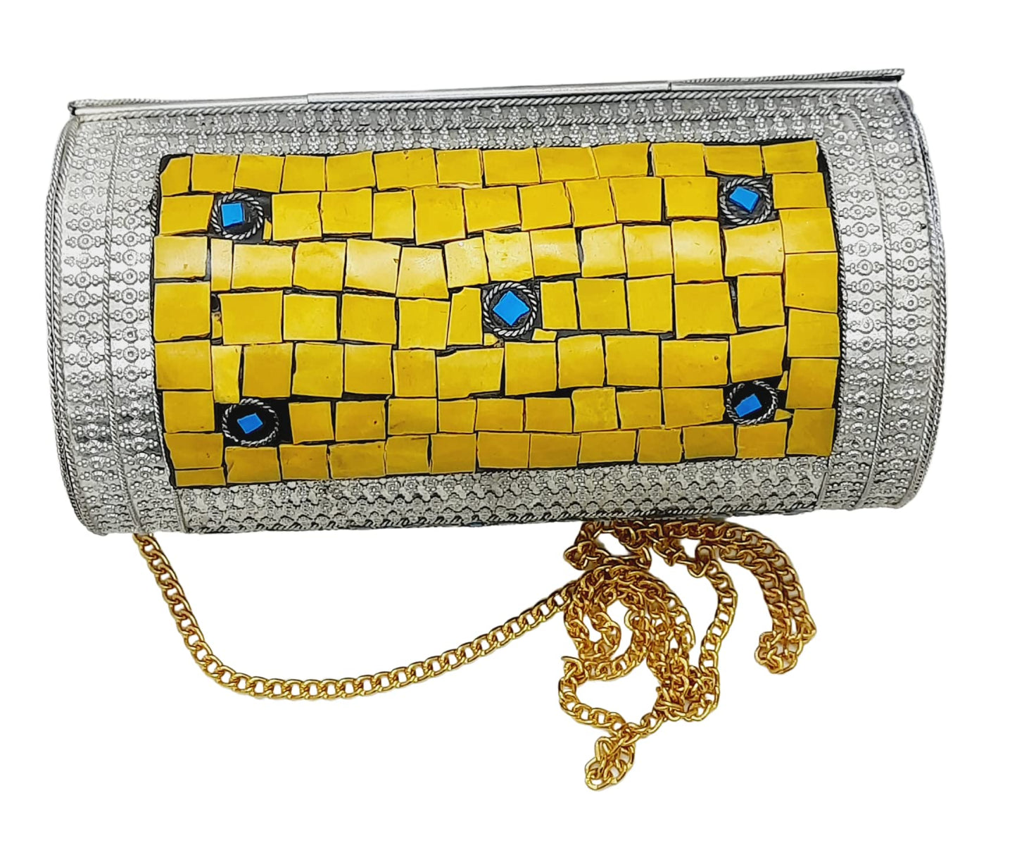 Trend Overseas Eye Catching Handmade Cylinder Round Ethnic Stone Metal bag Antique Bridal clutch