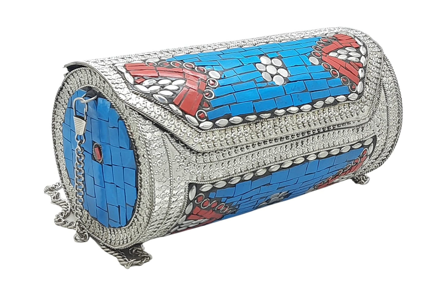 Trend Overseas Eye Catching Handmade Cylinder Round Ethnic Stone Metal bag Antique Bridal clutch