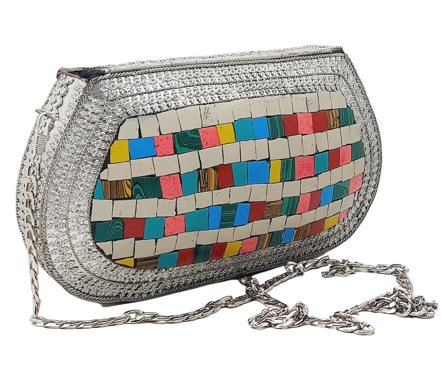 Trend Overseas Handmade Antique Stone Bag Ethnic Clutch - Metal Bag Perfect for Parties, Fits All Cellphone Models
