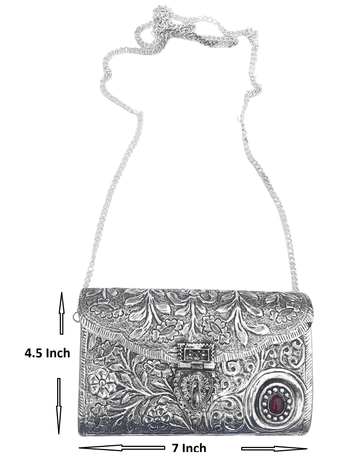 Trend Overseas Ethnic Women Silver Brass Metal Bridal bag Handle Clutch Sling Bag
