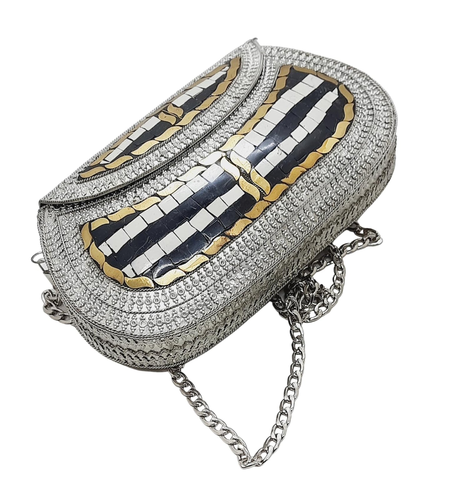 Trend Overseas Handmade Antique Stone Bag Ethnic Clutch - Metal Bag Perfect for Parties, Fits All Cellphone Models
