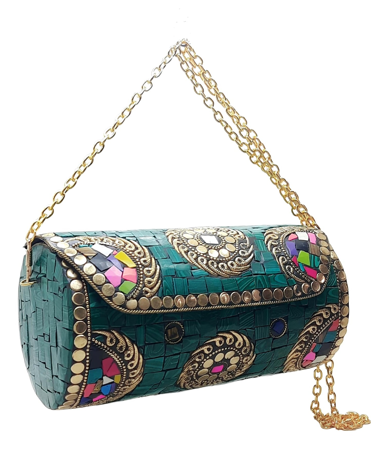 Trend Overseas Handmade Mosaic Multi color Stone Clutch Cylindrical Round Ethnic bag Antique Bridal Sling Bag Crossbody Bag