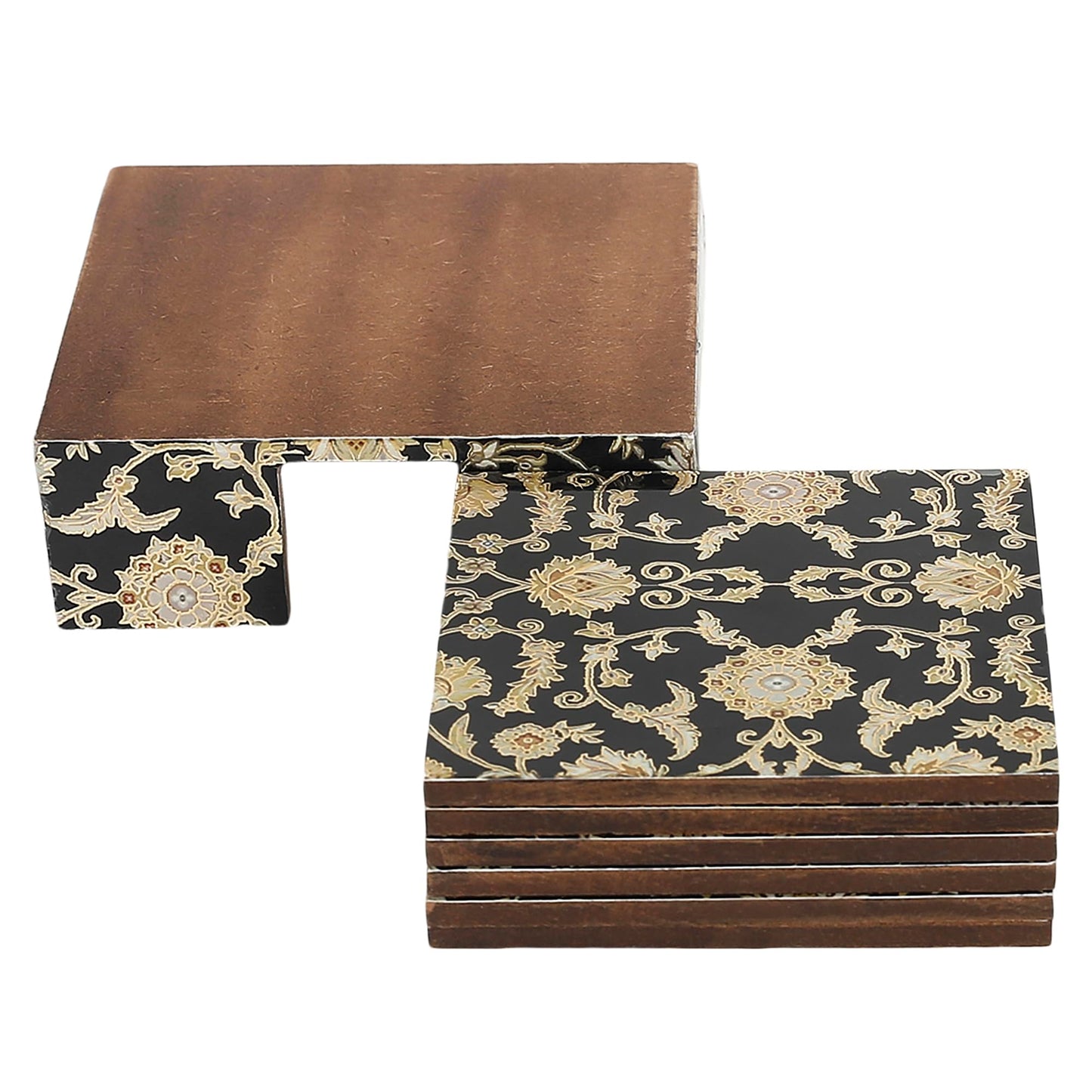 Trend Overseas Drink Coaster Set of 6 - Printed MDF Coasters for Table with Special Enamel Coating and 3D Gold Foil Work for Home and Dining Room Décor