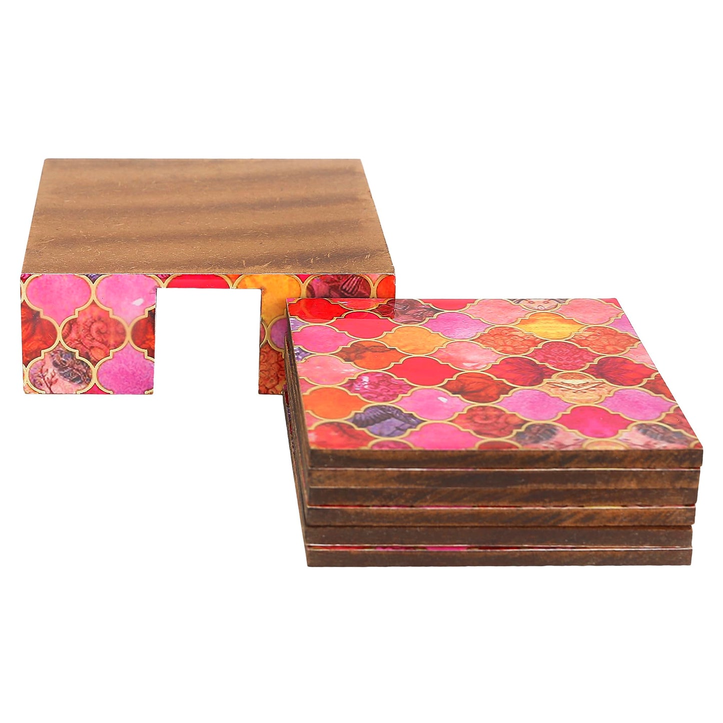 Trend Overseas Drink Coaster Set of 6 - Printed MDF Coasters for Table with Special Enamel Coating and 3D Gold Foil Work for Home and Dining Room Décor