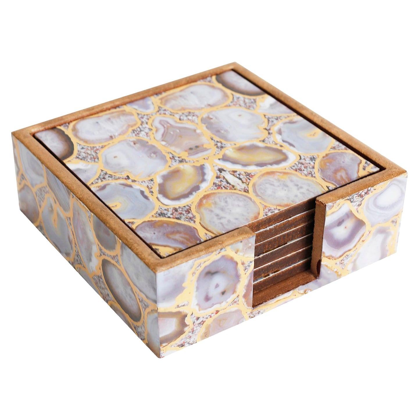 Trend Overseas Drink Coaster Set of 6 - Printed MDF Coasters for Table with Special Enamel Coating and 3D Gold Foil Work for Home and Dining Room Décor
