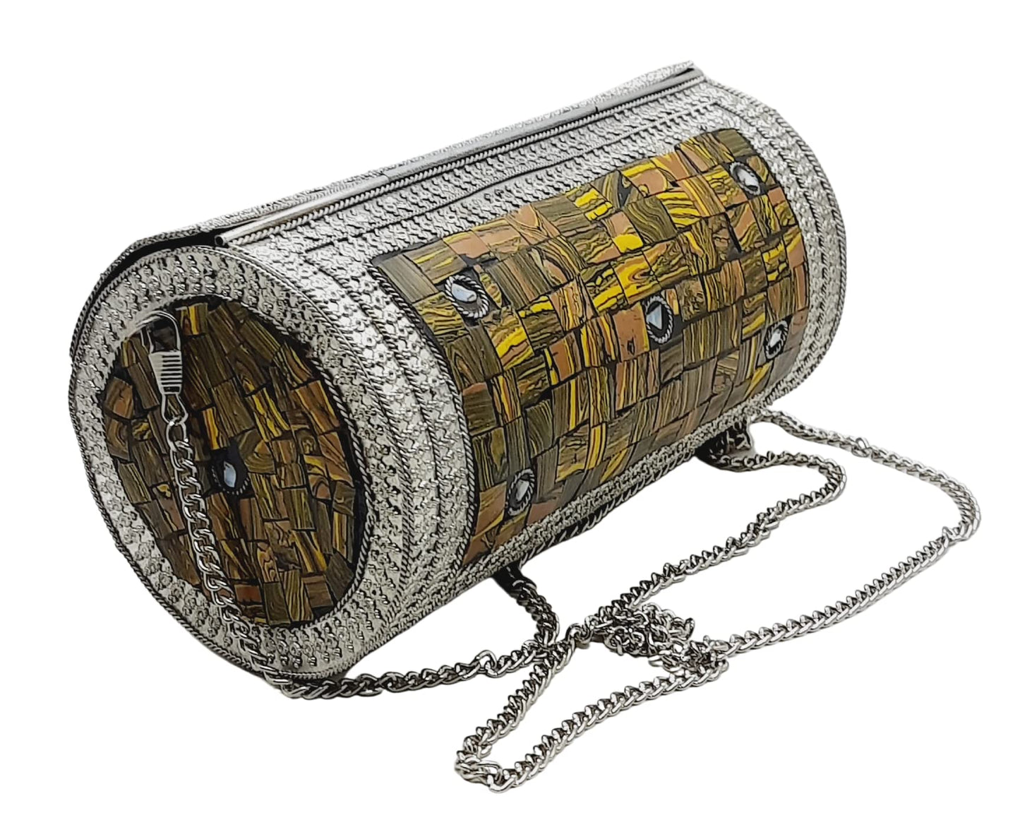 Trend Overseas Eye Catching Handmade Cylinder Round Ethnic Stone Metal bag Antique Bridal clutch