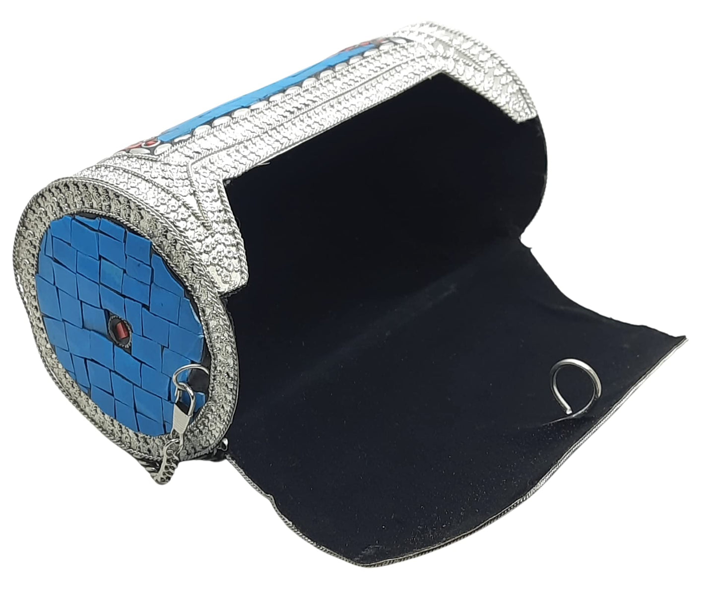 Trend Overseas Eye Catching Handmade Cylinder Round Ethnic Stone Metal bag Antique Bridal clutch