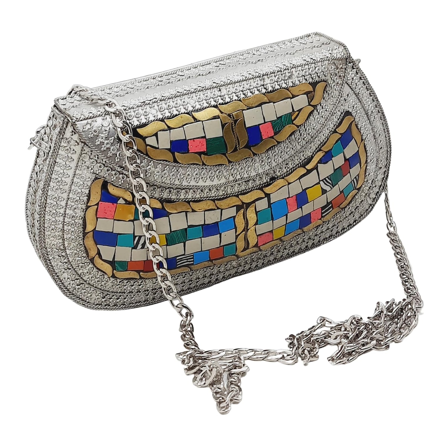 Trend Overseas Handmade Antique Stone Bag Ethnic Clutch - Metal Bag Perfect for Parties, Fits All Cellphone Models