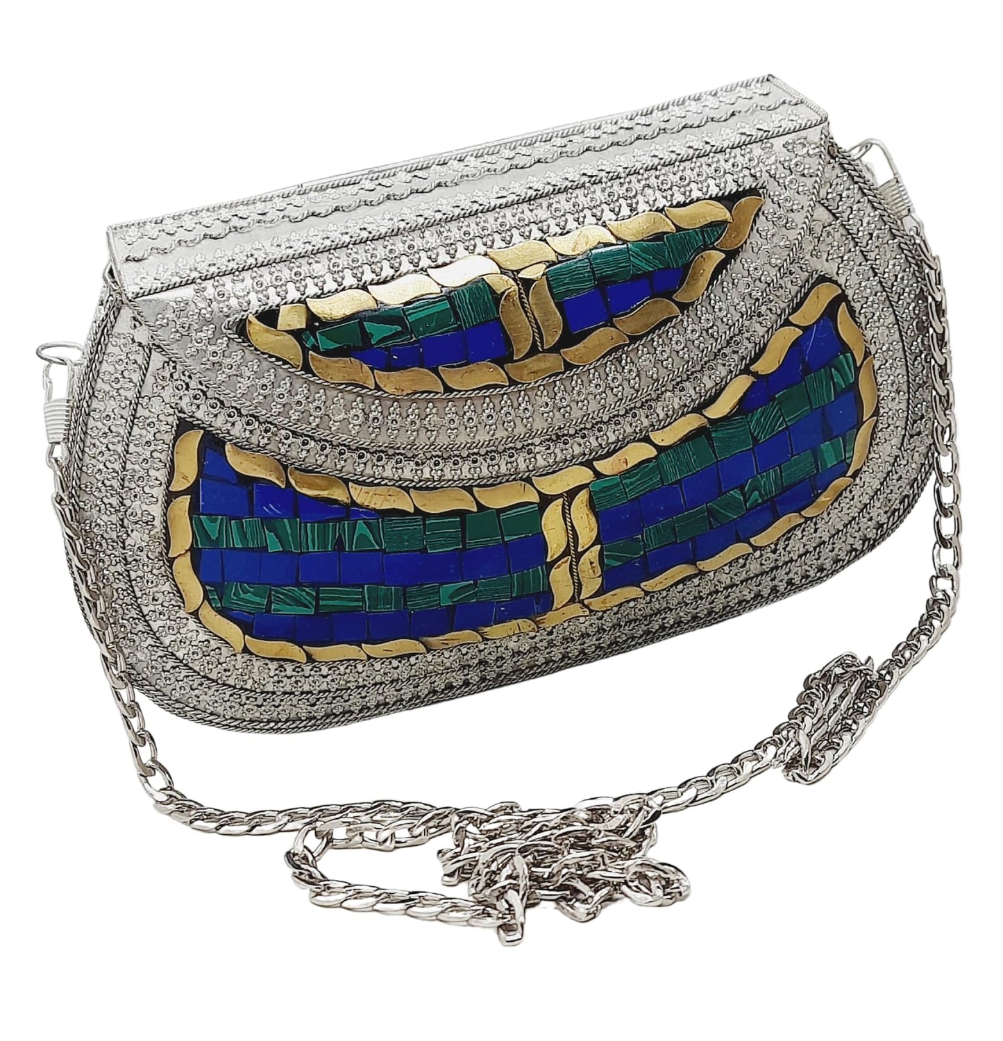 Trend Overseas Handmade Antique Stone Bag Ethnic Clutch - Metal Bag Perfect for Parties, Fits All Cellphone Models
