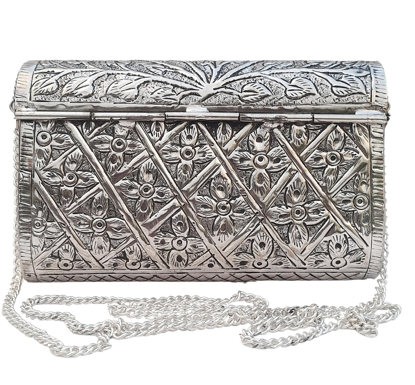 Trend Overseas Ethnic Women Silver Brass Metal Bridal bag Handle Clutch Sling Bag