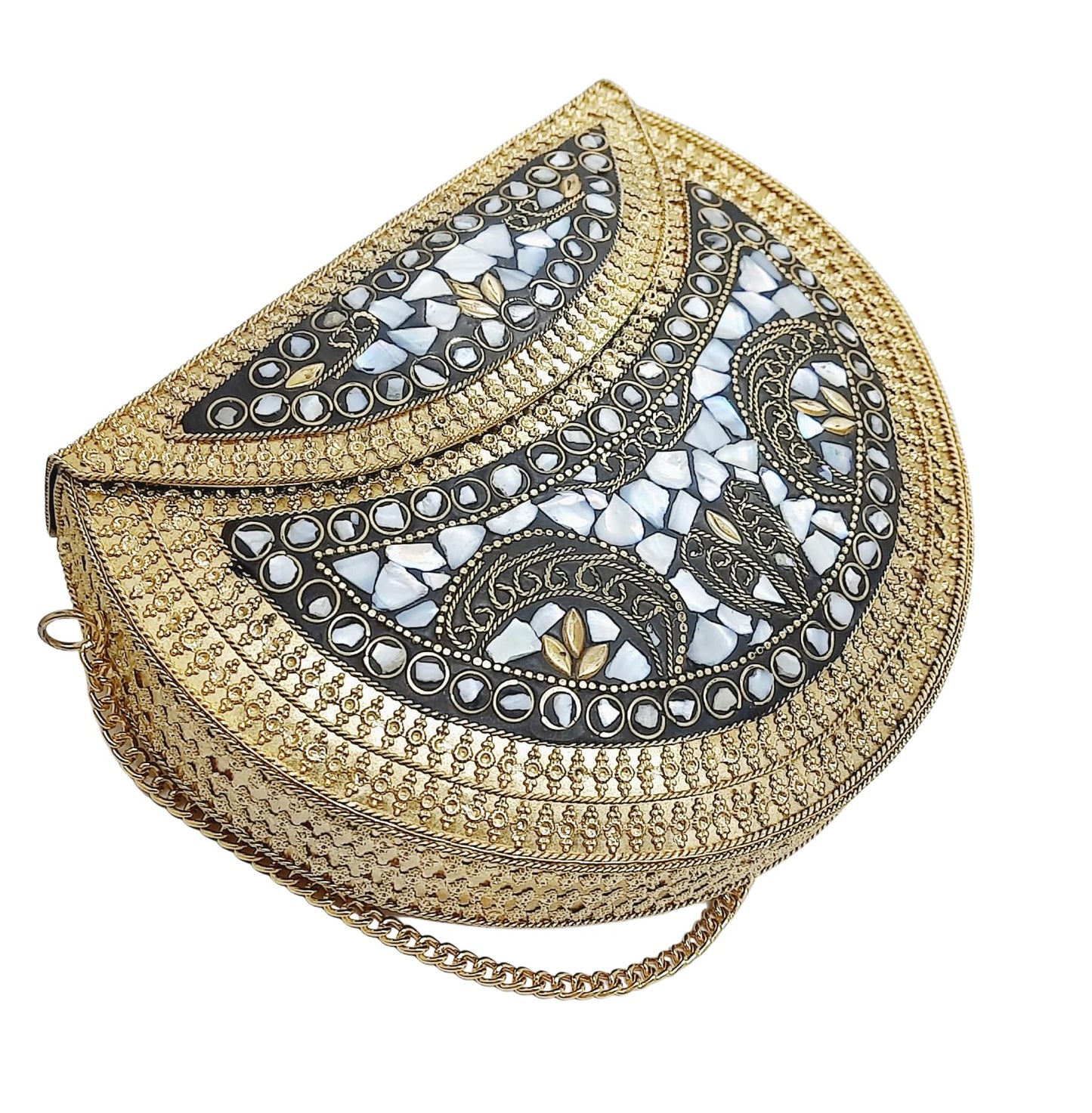 Trend Overseas Golden shell nacre stone bag ethnic clutch indian antique purse mosaic bag metal bag