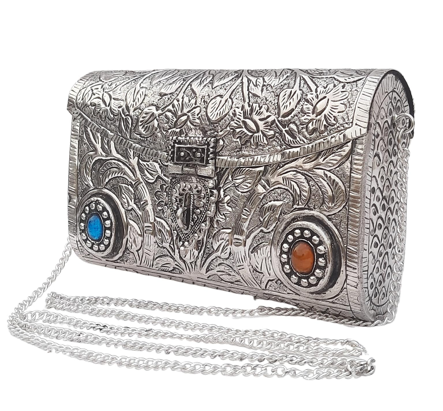 Trend Overseas Ethnic Women Silver Brass Metal Bridal bag Handle Clutch Sling Bag