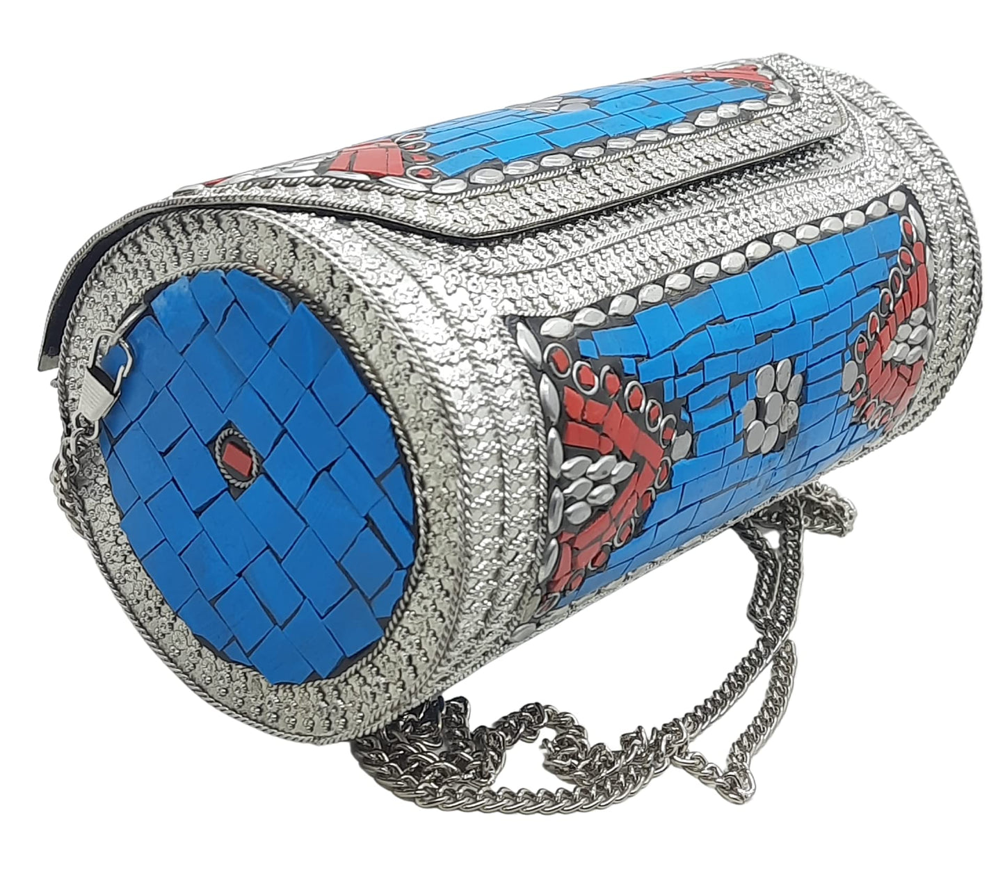 Trend Overseas Eye Catching Handmade Cylinder Round Ethnic Stone Metal bag Antique Bridal clutch