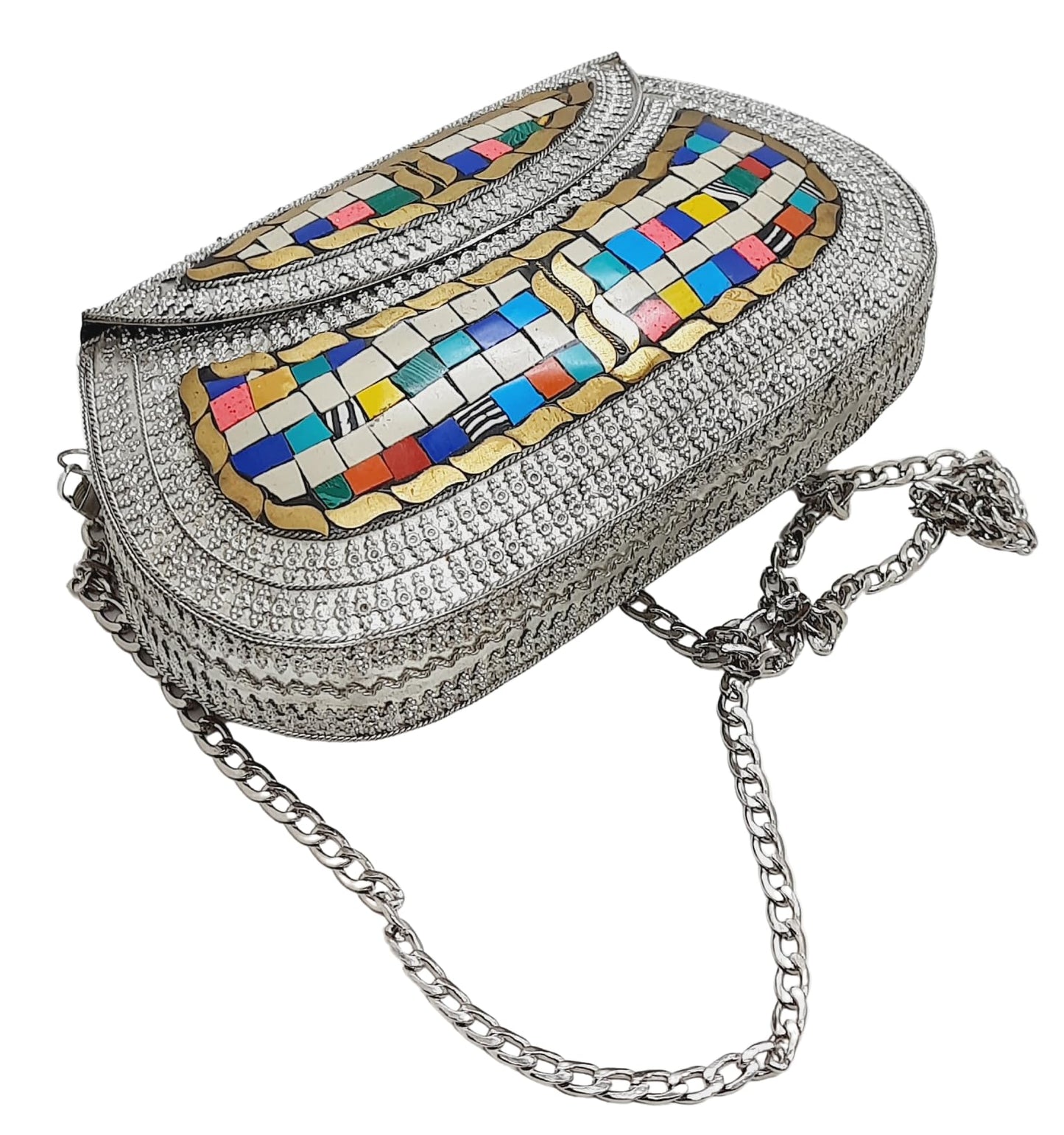 Trend Overseas Handmade Antique Stone Bag Ethnic Clutch - Metal Bag Perfect for Parties, Fits All Cellphone Models