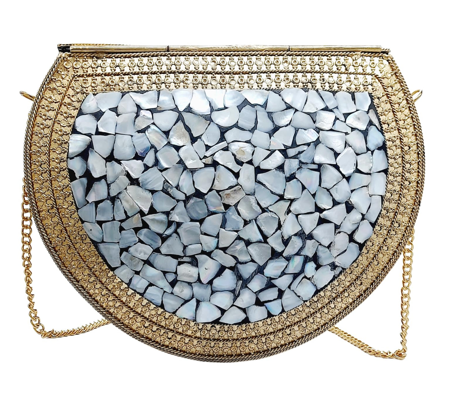 Trend Overseas Golden shell nacre stone bag ethnic clutch indian antique purse mosaic bag metal bag