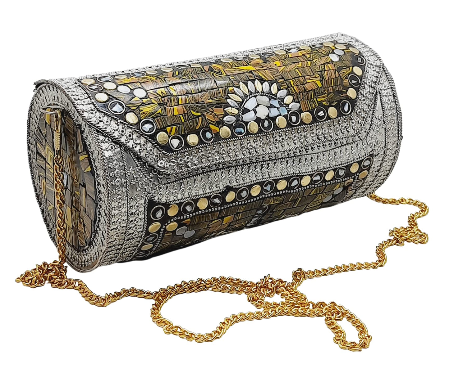 Trend Overseas Eye Catching Handmade Cylinder Round Ethnic Stone Metal bag Antique Bridal clutch