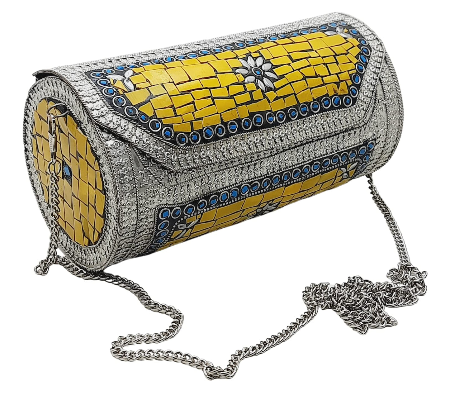 Trend Overseas Eye Catching Handmade Cylinder Round Ethnic Stone Metal bag Antique Bridal clutch