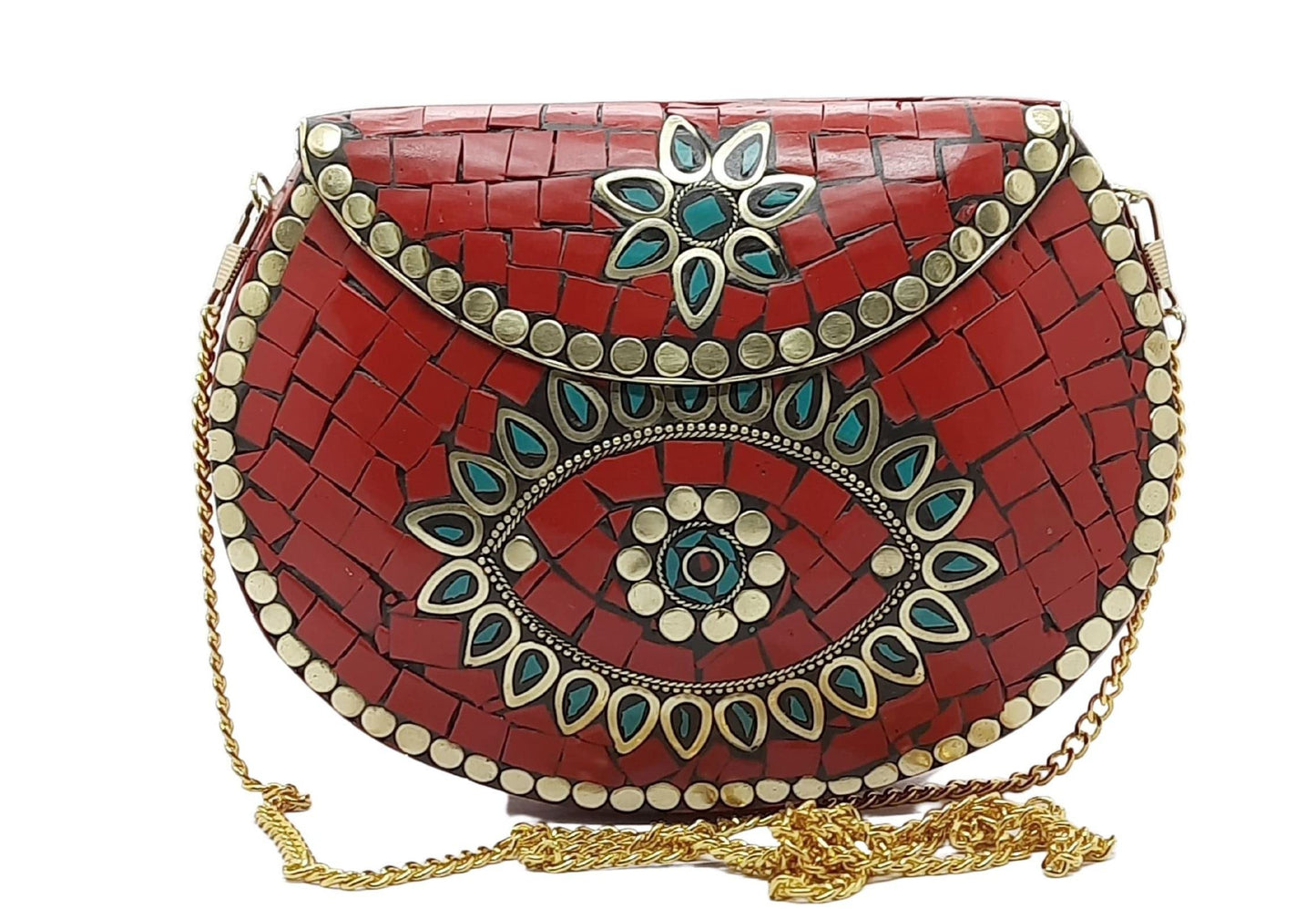 Trend Overseas Ethnic Antique Indian Handmade Mosaic Stone Chip Bag Bridal Clutch