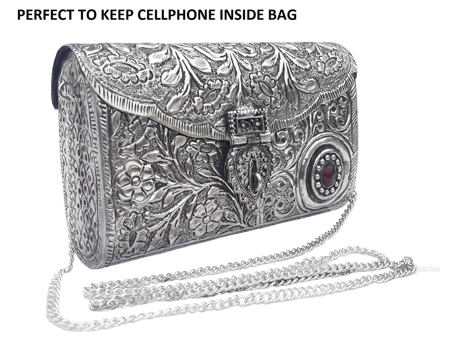 Trend Overseas Ethnic Women Silver Brass Metal Bridal bag Handle Clutch Sling Bag
