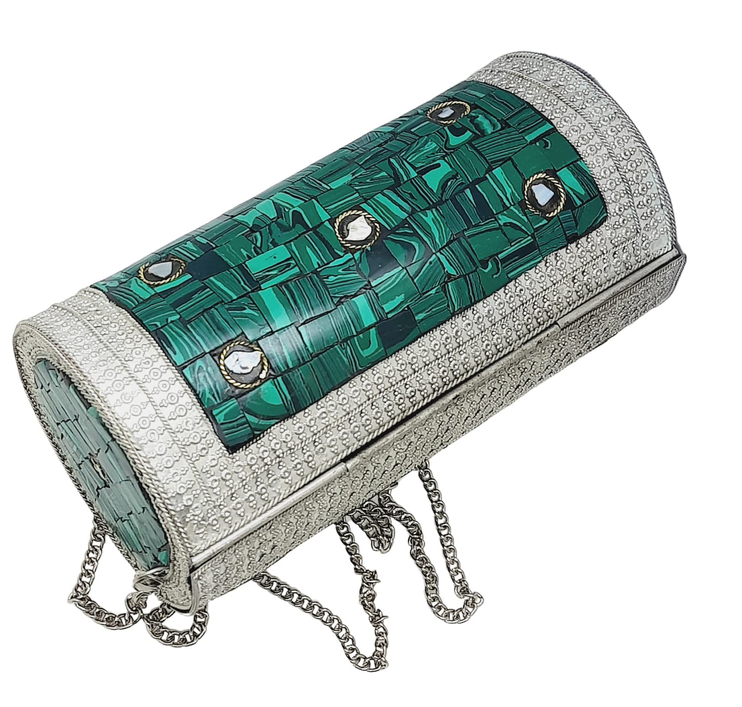 Trend Overseas Eye Catching Handmade Cylinder Round Ethnic Stone Metal bag Antique Bridal clutch