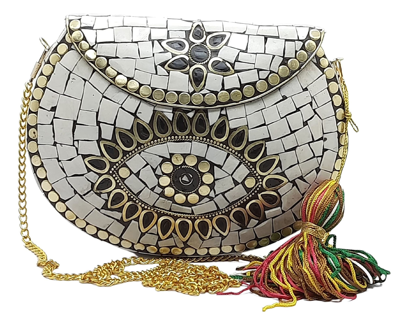 Trend Overseas Ethnic Antique Indian Handmade Mosaic Stone Chip Bag Bridal Clutch