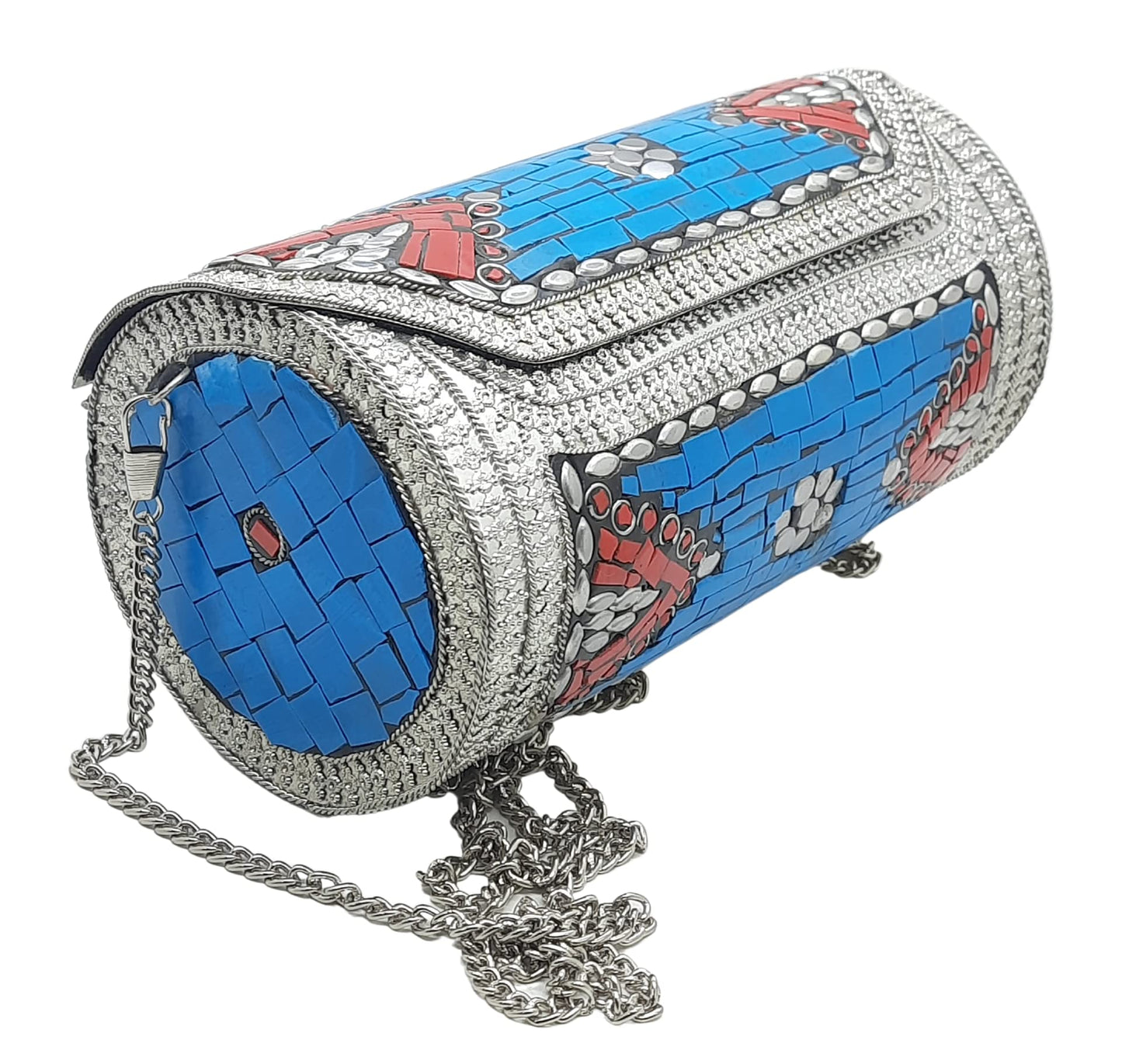 Trend Overseas Eye Catching Handmade Cylinder Round Ethnic Stone Metal bag Antique Bridal clutch
