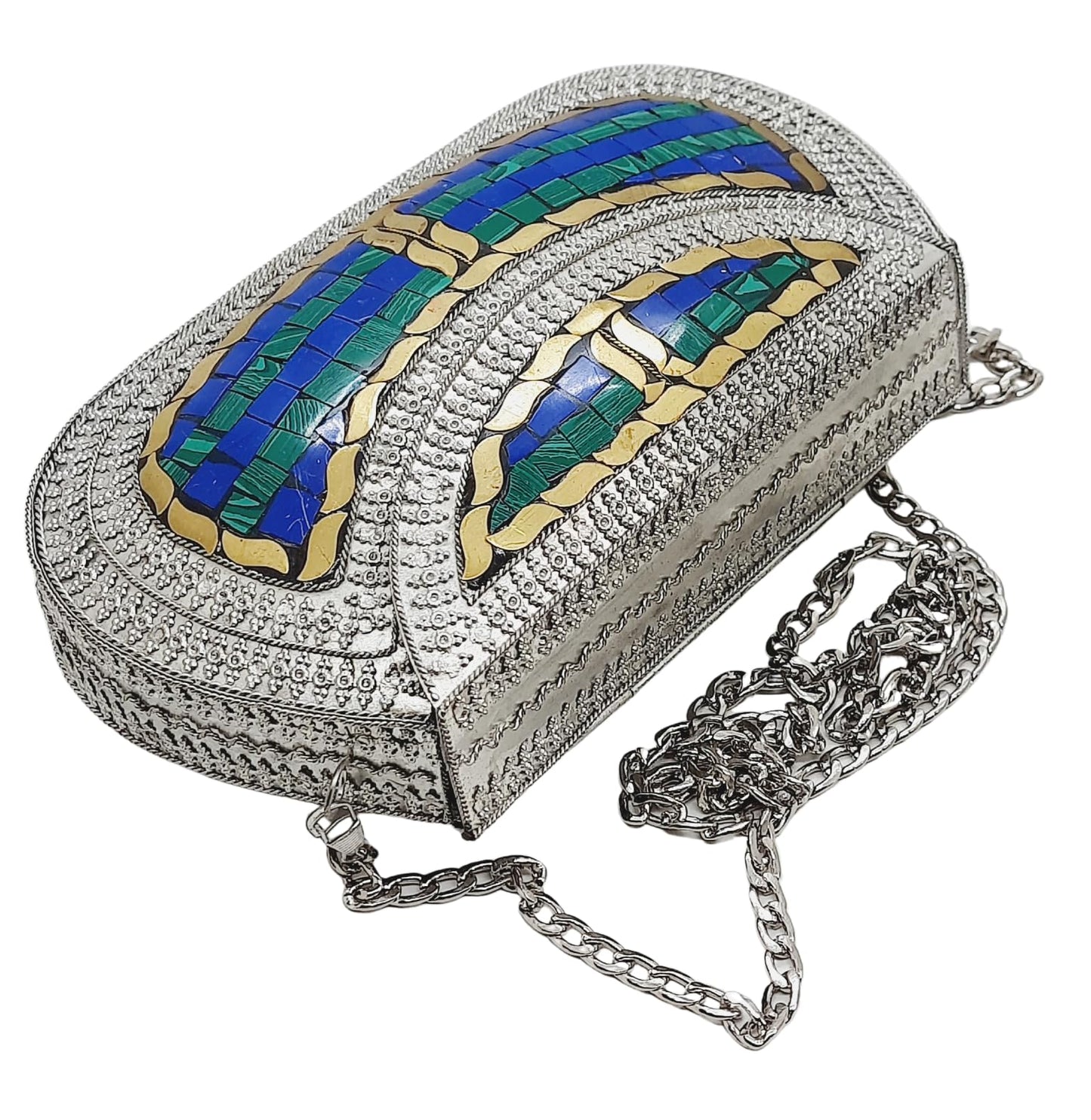 Trend Overseas Handmade Antique Stone Bag Ethnic Clutch - Metal Bag Perfect for Parties, Fits All Cellphone Models