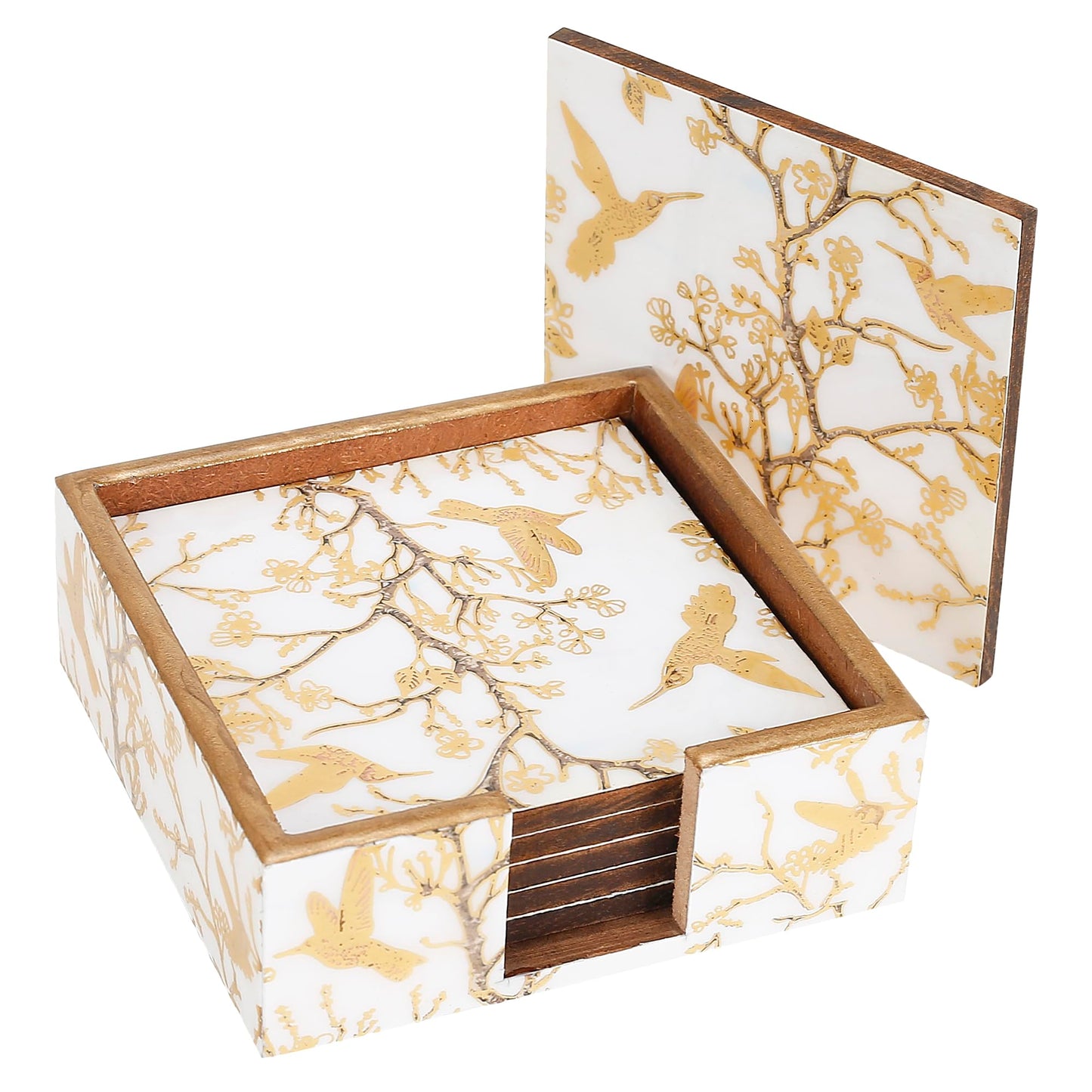 Trend Overseas Drink Coaster Set of 6 - Printed MDF Coasters for Table with Special Enamel Coating and 3D Gold Foil Work for Home and Dining Room Décor