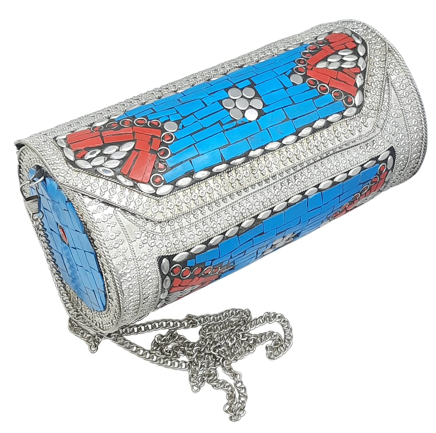 Trend Overseas Eye Catching Handmade Cylinder Round Ethnic Stone Metal bag Antique Bridal clutch