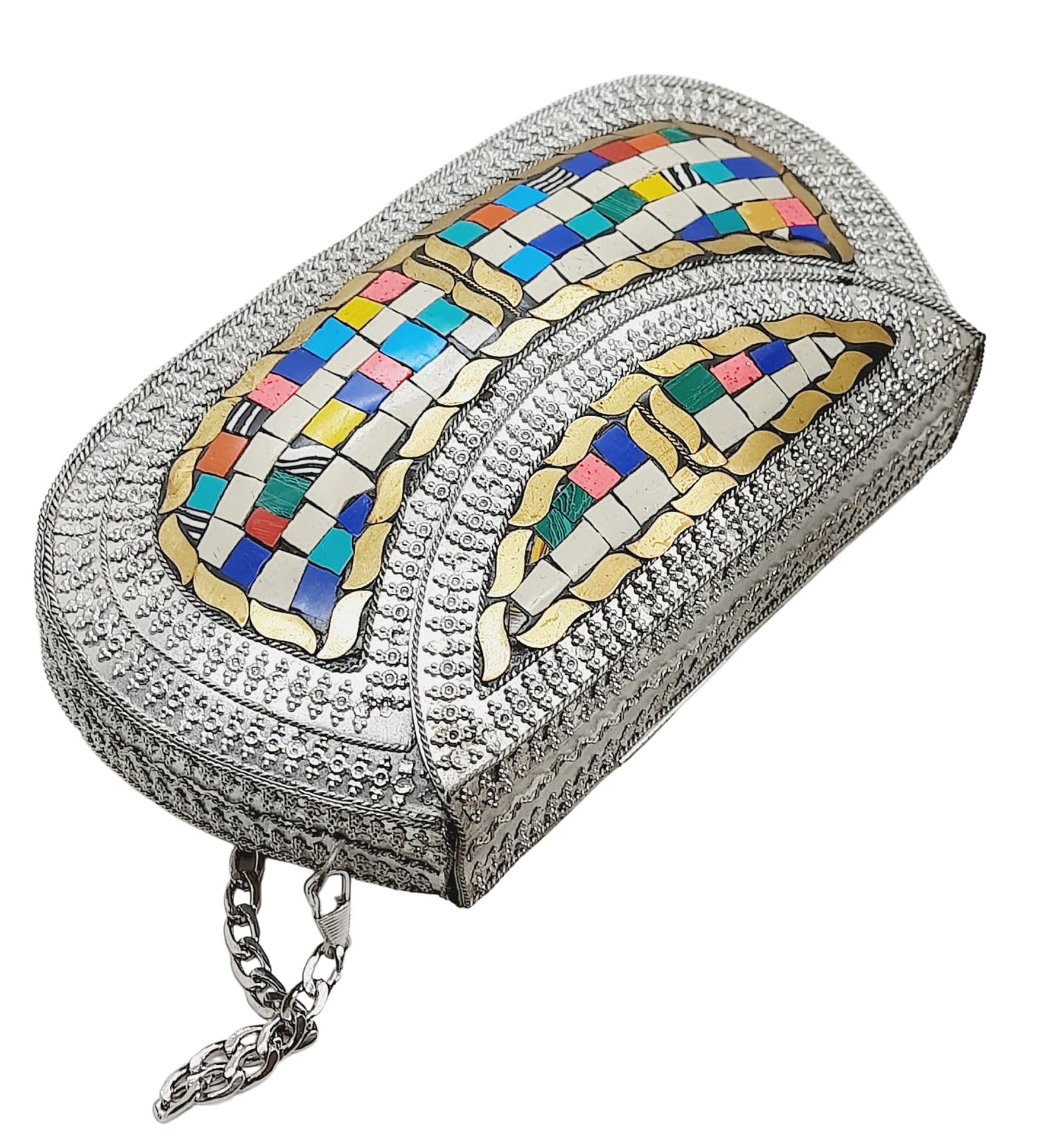 Trend Overseas Handmade Antique Stone Bag Ethnic Clutch - Metal Bag Perfect for Parties, Fits All Cellphone Models