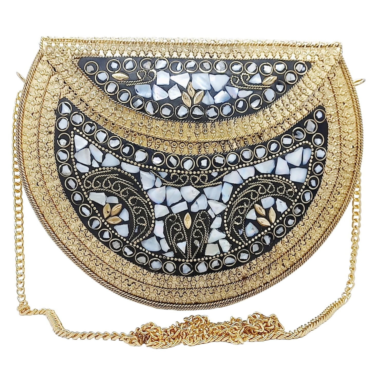 Trend Overseas Golden shell nacre stone bag ethnic clutch indian antique purse mosaic bag metal bag