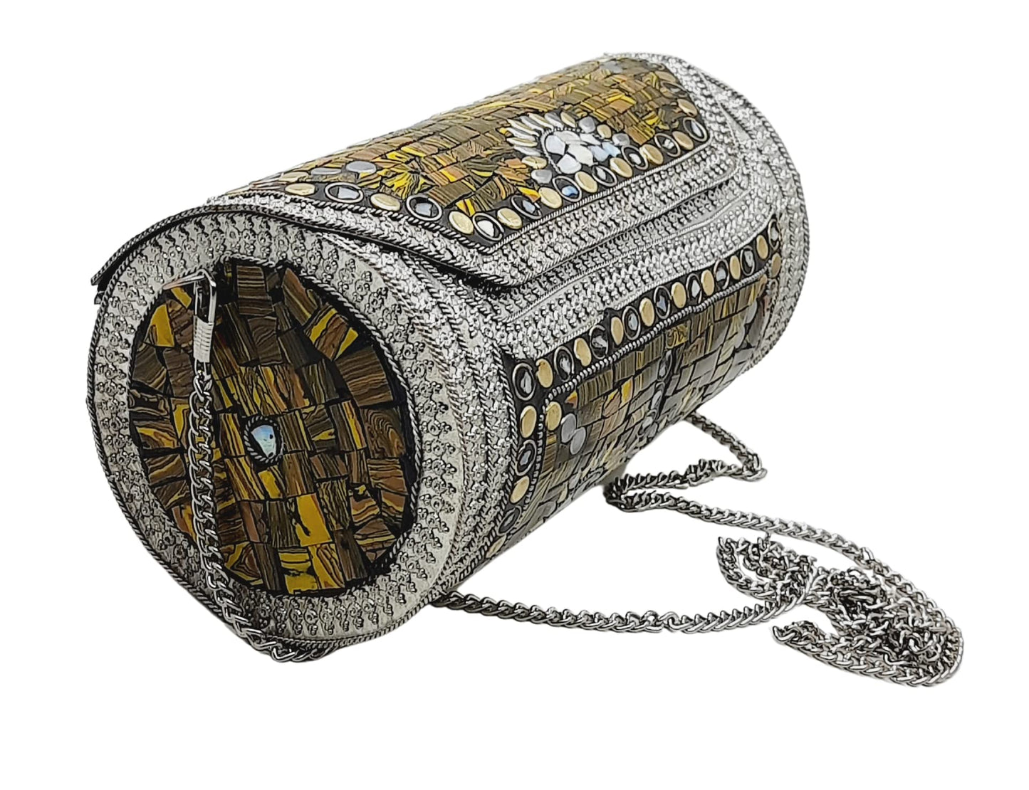 Trend Overseas Eye Catching Handmade Cylinder Round Ethnic Stone Metal bag Antique Bridal clutch