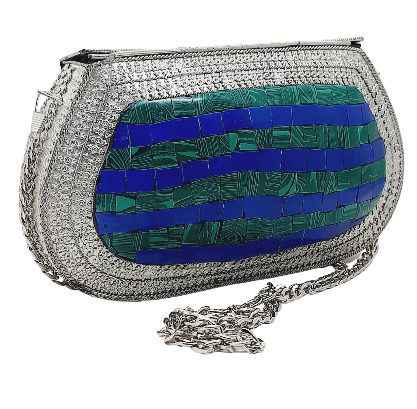 Trend Overseas Handmade Antique Stone Bag Ethnic Clutch - Metal Bag Perfect for Parties, Fits All Cellphone Models