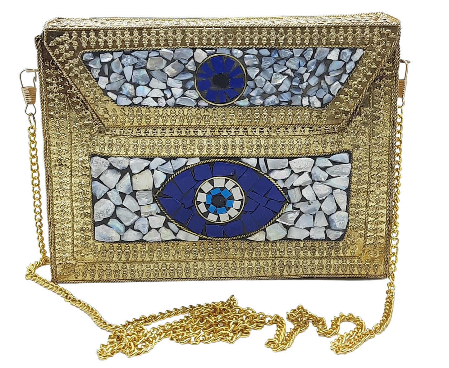 Trend Overseas Women's Golden shell nacre stone bag ethnic Metal clutch