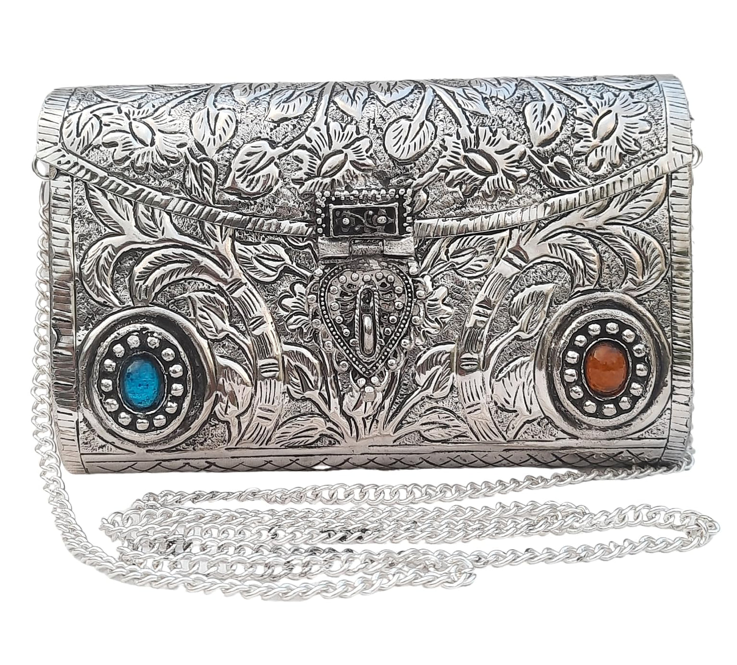 Trend Overseas Ethnic Women Silver Brass Metal Bridal bag Handle Clutch Sling Bag
