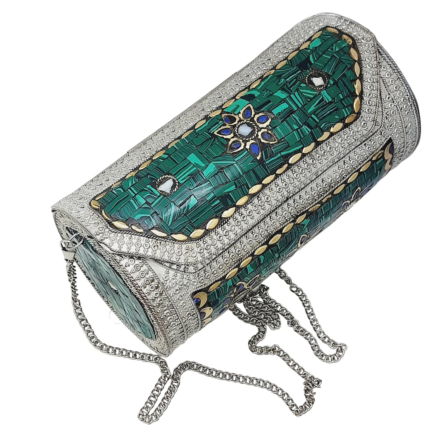Trend Overseas Eye Catching Handmade Cylinder Round Ethnic Stone Metal bag Antique Bridal clutch