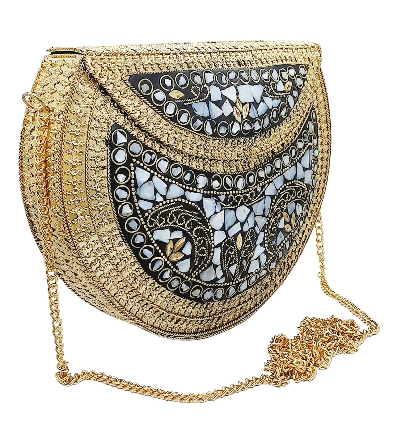 Trend Overseas Golden shell nacre stone bag ethnic clutch indian antique purse mosaic bag metal bag