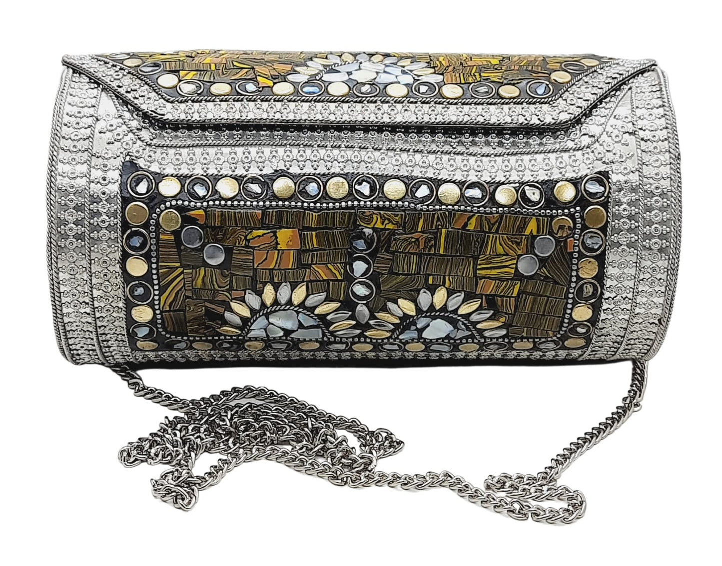 Trend Overseas Eye Catching Handmade Cylinder Round Ethnic Stone Metal bag Antique Bridal clutch