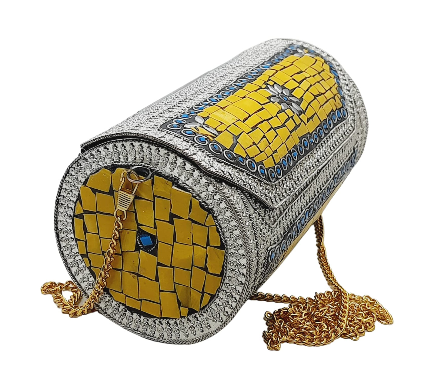 Trend Overseas Eye Catching Handmade Cylinder Round Ethnic Stone Metal bag Antique Bridal clutch