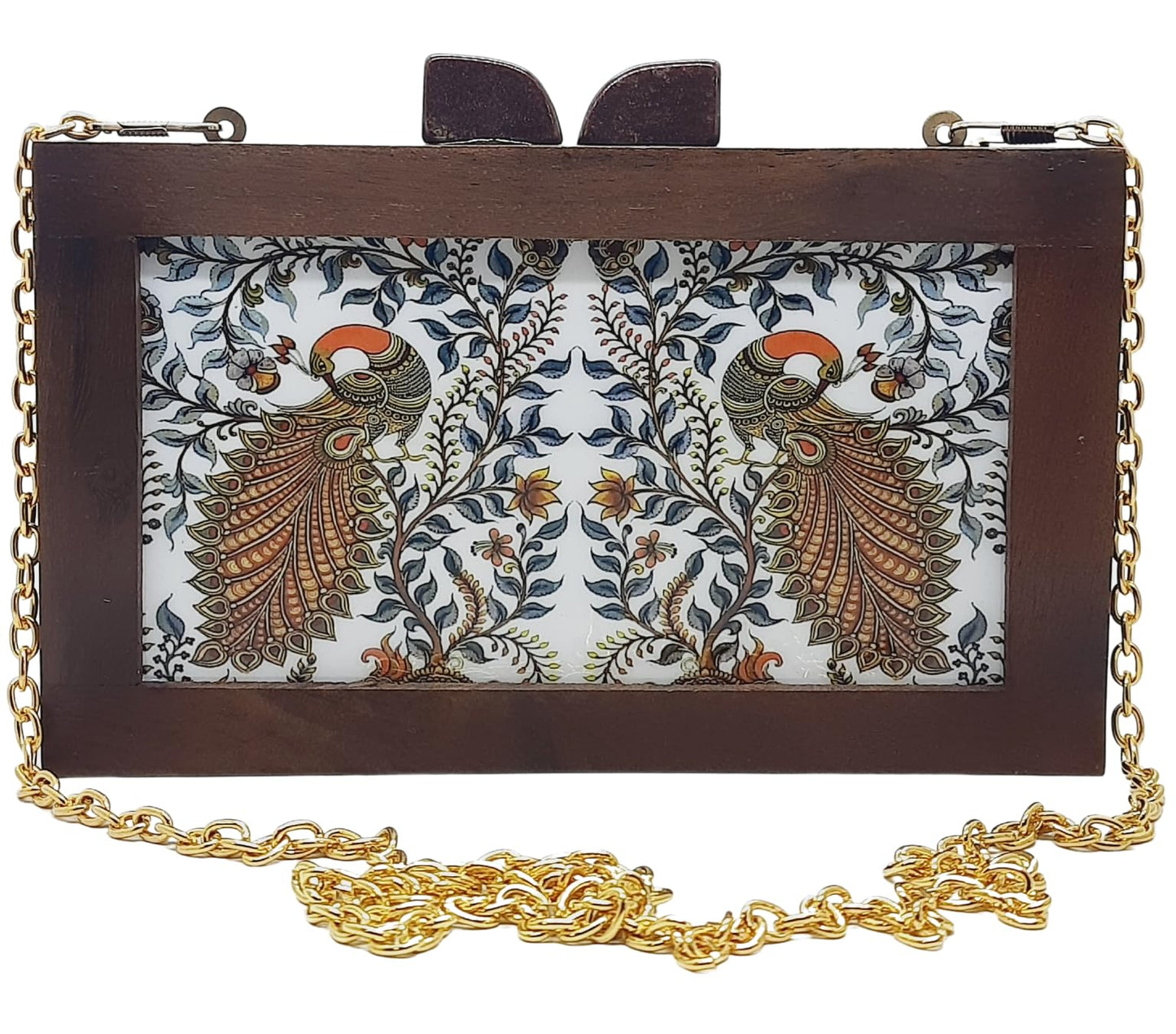 Trend Overseas Women's Wooden Printed Ethnic Clutch Bag/Bridal Purse/Handbag_Crossbody Sling Bags Detachable Chain for Bridal,
