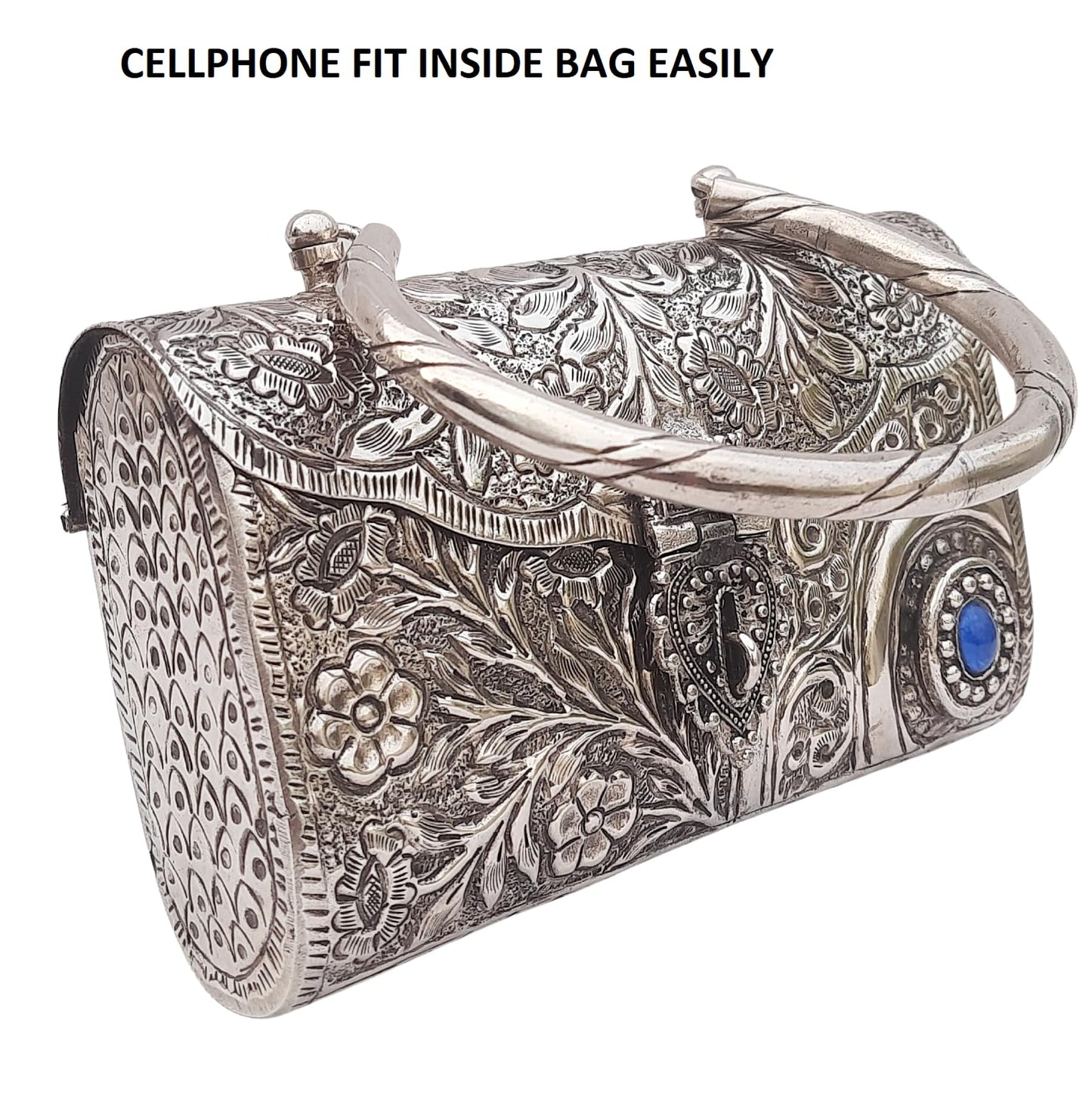 Trend Overseas Ethnic Women Silver Brass Metal Bridal bag Handle Clutch Sling Bag