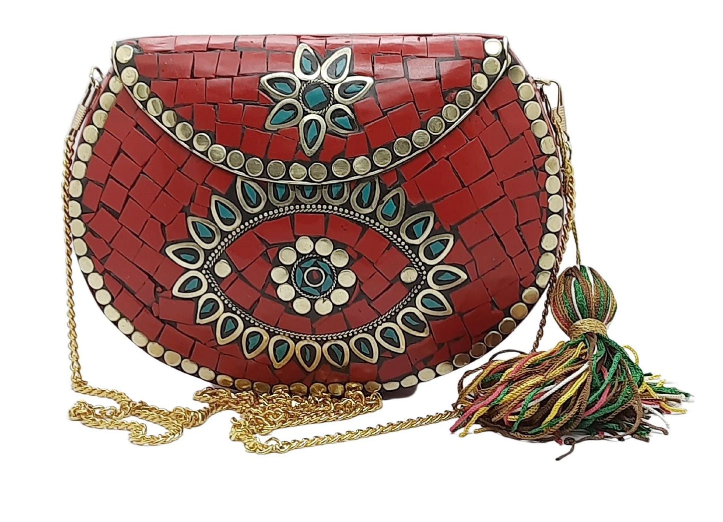Trend Overseas Ethnic Antique Indian Handmade Mosaic Stone Chip Bag Bridal Clutch