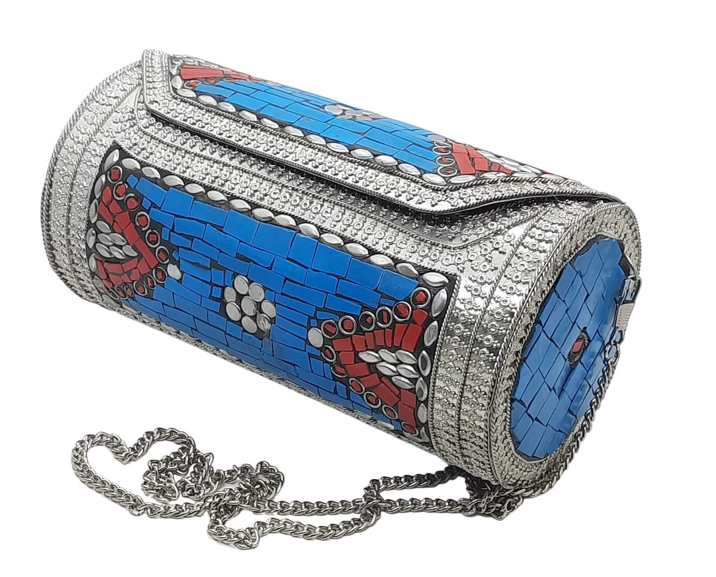 Trend Overseas Eye Catching Handmade Cylinder Round Ethnic Stone Metal bag Antique Bridal clutch