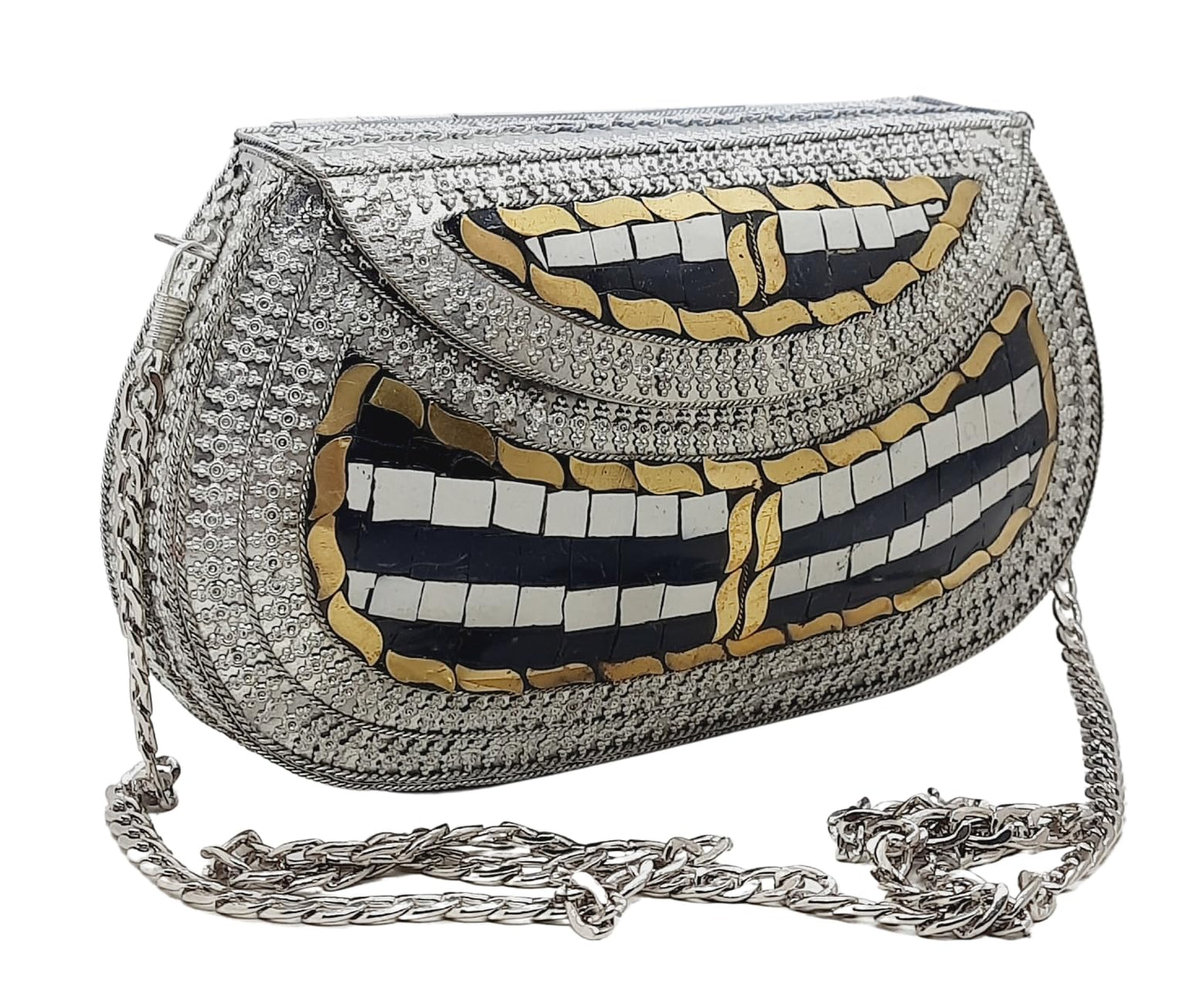 Trend Overseas Handmade Antique Stone Bag Ethnic Clutch - Metal Bag Perfect for Parties, Fits All Cellphone Models