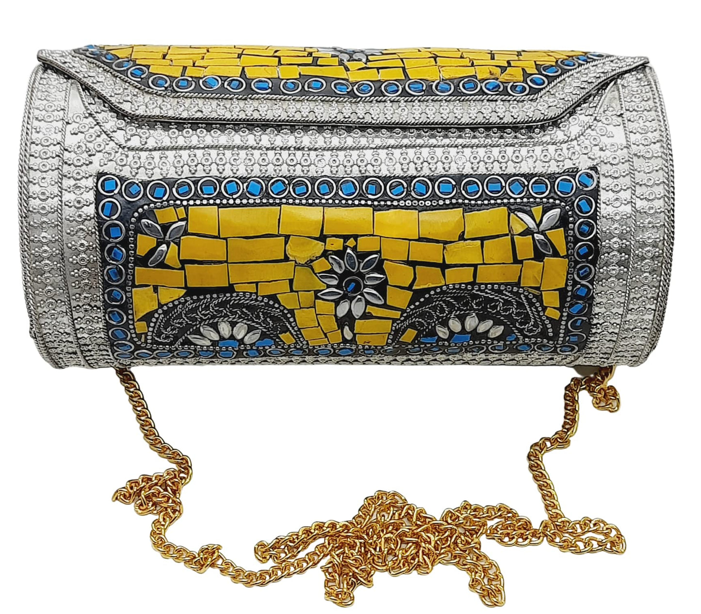 Trend Overseas Eye Catching Handmade Cylinder Round Ethnic Stone Metal bag Antique Bridal clutch