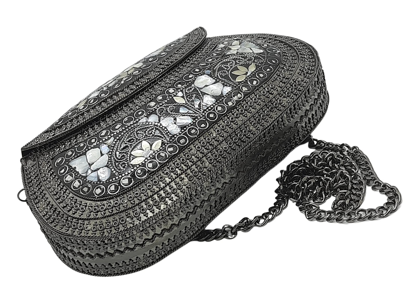 Trend Overseas Handmade Antique Stone Bag Ethnic Clutch - Metal Bag Perfect for Parties, Fits All Cellphone Models